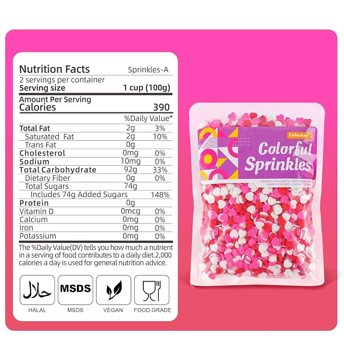 Valentines Sprinkles for Baking, 7oz Pink White and Red Heart Sprinkles for Cake Decorating, Valentine Sprinkles for Cookies, Cake, Cupcake, Ice Cream, Strawberries Toppings