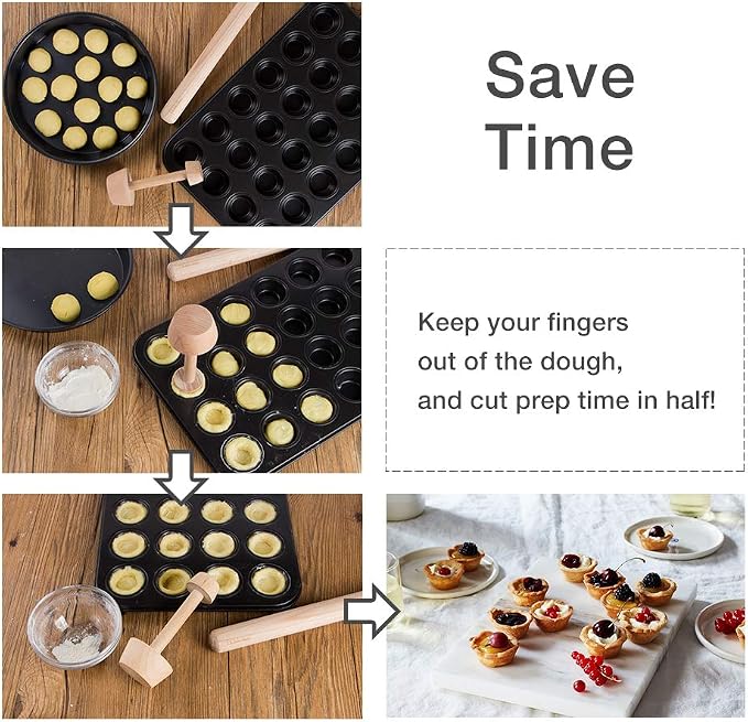 Webake Tart Tamper Wood Pastry Tart Tamper with Rolling Pin for Baking, Great Mini Cheesecake Pan Tool
