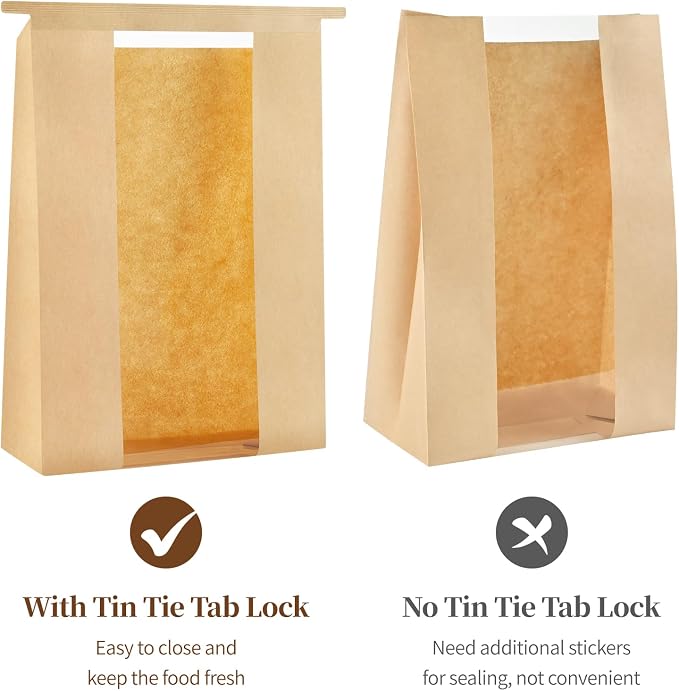 Ohuimrt Large Paper Bread Bags for Sourdough Bread, 100 PCS | 13.7 x 8.2 x 3.5 Inches,with Tin Tie Tab Lock, Bakery Bags with Window, Homemade Bread Loaf Bags