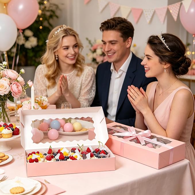 24 Pack Bakery Boxes with Window, 16x6.5x2.5 Inch Pink Auto-Popup Cookie Box with Ribbon and Sticks, Long Treat Boxes for Cookies for Strawberries, Champagne, Cake Pops, Donuts