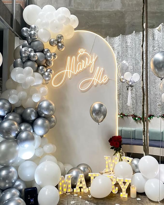White Silver Balloon Arch Kit Garland with Grey Clear Balloons for Birthday Winter Wonderland Baby Shower Bridal Shower Engagement Wedding Anniversary Party Decorations
