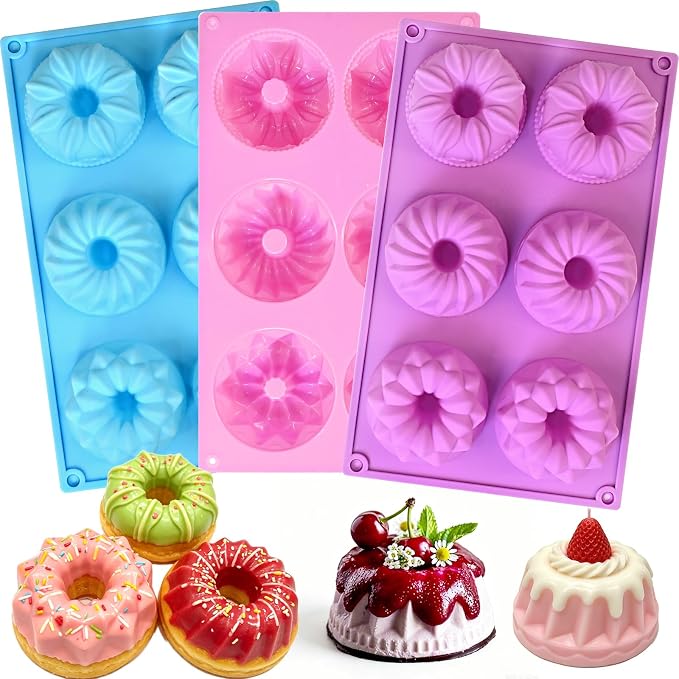 3 Pcs Mini Fluted Cake Pan, 6-Cavity Fluted Tube Pan Silicone Non-stick Mini Jello Molds for Gelatina Cakes, Donuts, Brownies, Muffins