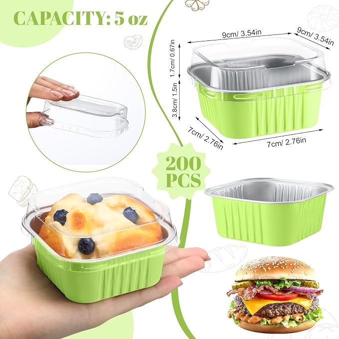 200 Pack 5 oz Mini Cake Pans with Lid, Aluminum Foil Mini Baking Tins, Square Disposable Cupcake Baking Cup Dessert Container for Wedding Birthday Party Picnic(Green,Classic)