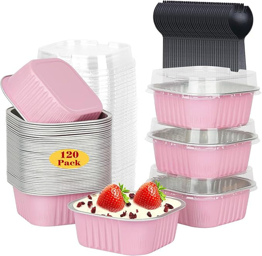 LNYZQUS 120pack/10oz Mini Cake Foil Pans with Lids, 4”x4” Large Cupcake Pan Disposable Ramekins,Small Brownie Baking Cups Square Muffin Tin Cheesecake Containers Holders-Pink