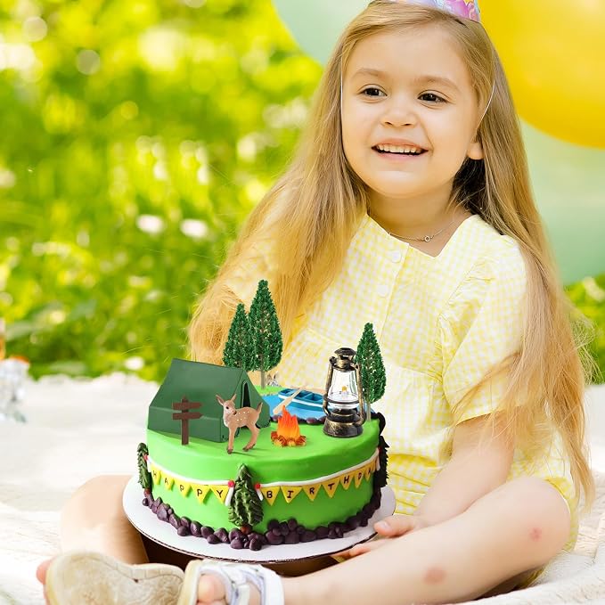 Camping Cake Toppers 12Pcs Camping Themed Party Decoration Include Tent Bonfire Tree Boat Deer for Kids Adults Adventure Theme Birthday Party Supplies