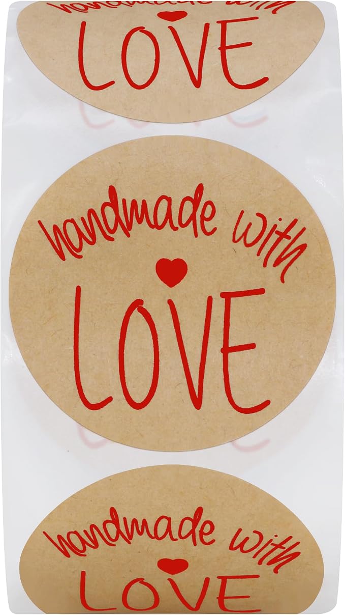 Hybsk Kraft Handmade with Love Stickers with Black Font 1.5" Inch Round Total 500 Labels Per Roll (Type 2)