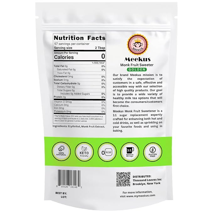 Meekus Natural Monk Fruit Sweetener w/Erythritol - Classic Monkfruit Extract Powder,Zero Calorie Sugar Substitute,Keto Diet Friendly for Baking,Coffee,Tea,Vegan Sugar Replacement,Gluten Free,Golden