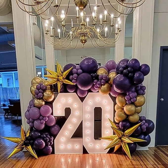 Purple and Gold Balloon Arch Kit, 162Pcs Dark Purple Gold with Stars Balloon Garland kit, Different Size Balloons for Birthday Baby Shower Anniversary Adults Prom Luxury Party Decorations