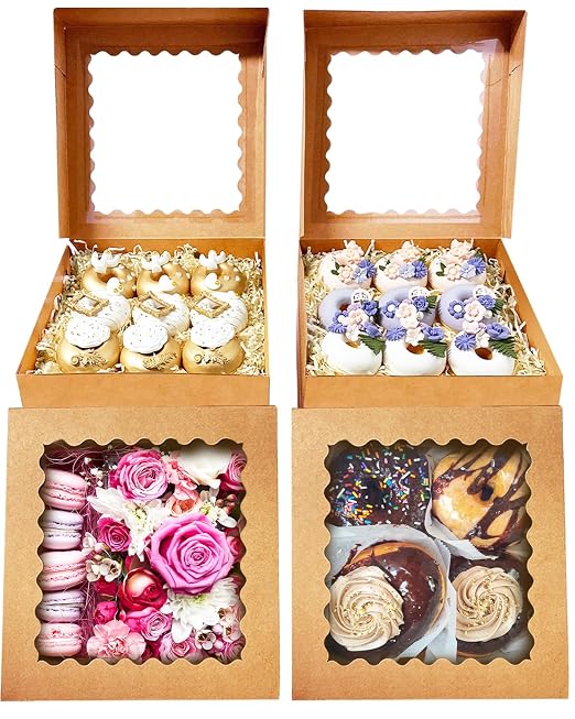 Bakepacker 90pcs Brown Pie Boxes 8x8x2.5 inches Easy Assemble Macaroon Cookie Boxes Bakery Boxes with Window for Bakery (Auto-pop Up)
