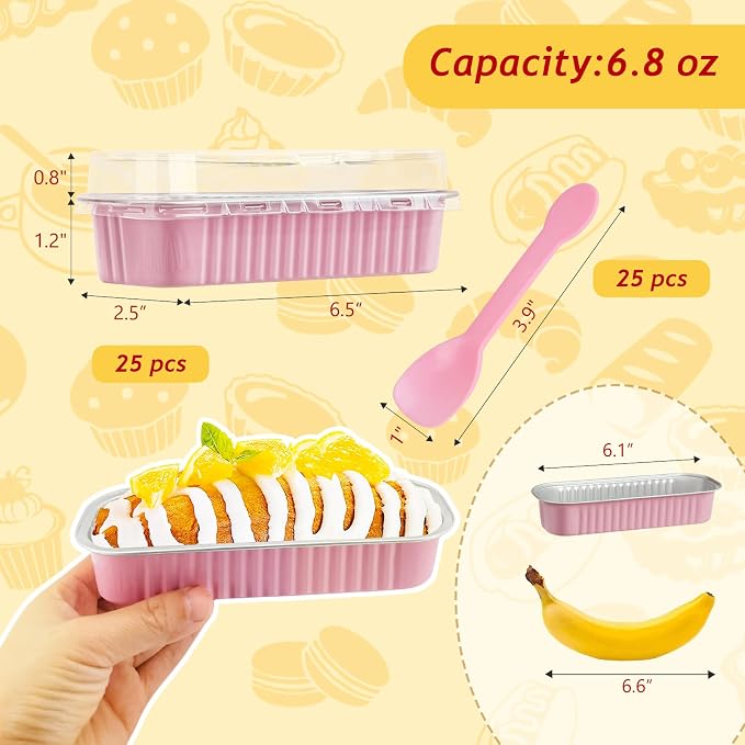 LNYZQUS 6.8oz Mini Cake Pans with Lids 25 Pack, Small Foil Loaf Pan for Little Banana Bread, Disposable Individual Baking Tins Muffin Cups Containers for Valentine Holiday Bake Sale-Pink