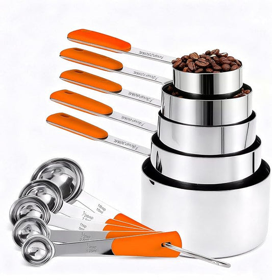 Bopei Measuring Cups and Spoons Set Stainless Steel 10 Piece for Cooking and Baking (5 Cups + 5 Spoons, Orange Handle)
