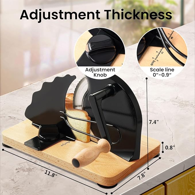 Manual Bread Slicer for Homemade Bread, Stainless Steel Slicers Serrated Blade Design, Adjustable Slice Thickness with Metal Guide, Hand Crank Bread Slicer with Scale Line and Suction Cup(Black)