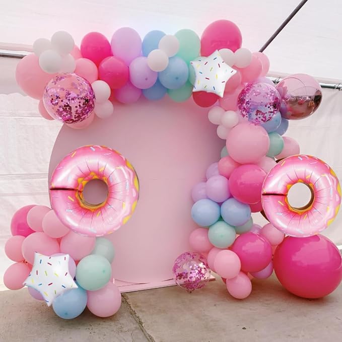 Donut Party Decorations, 108 Pcs Pink Purple Green Teal Balloons Arch Kit Pastel Latex Balloon Foil Donut Sprinkles Confetti Candy for Girls Princess Sweet One Birthday Donut Grow up Party Decorations