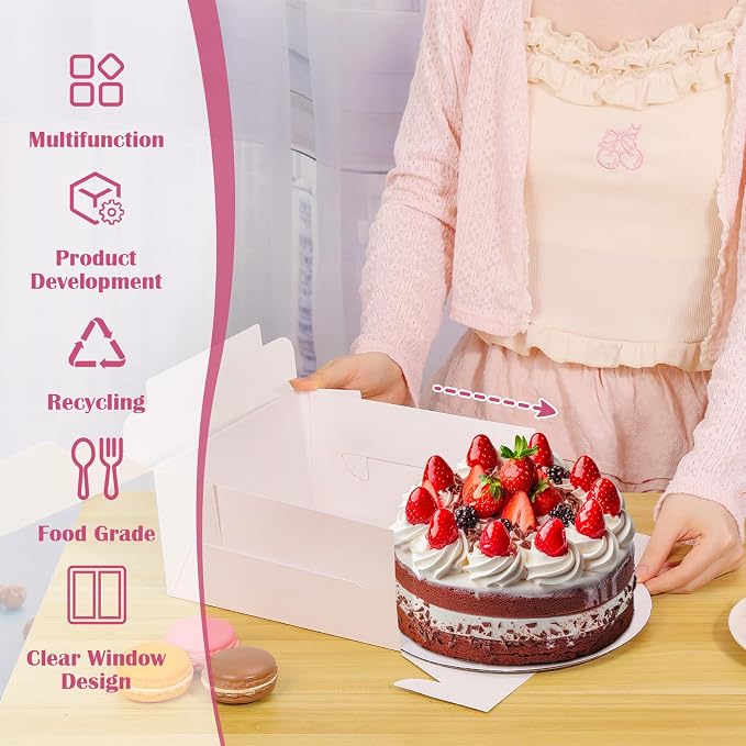Sublaga 26pcs 8x8x4 Inches Cake Boxes White Bakery Boxes, White Bread Boxes with Windows for Pastries, Cupcakes,Cookies, Pie, Muffins and Donuts