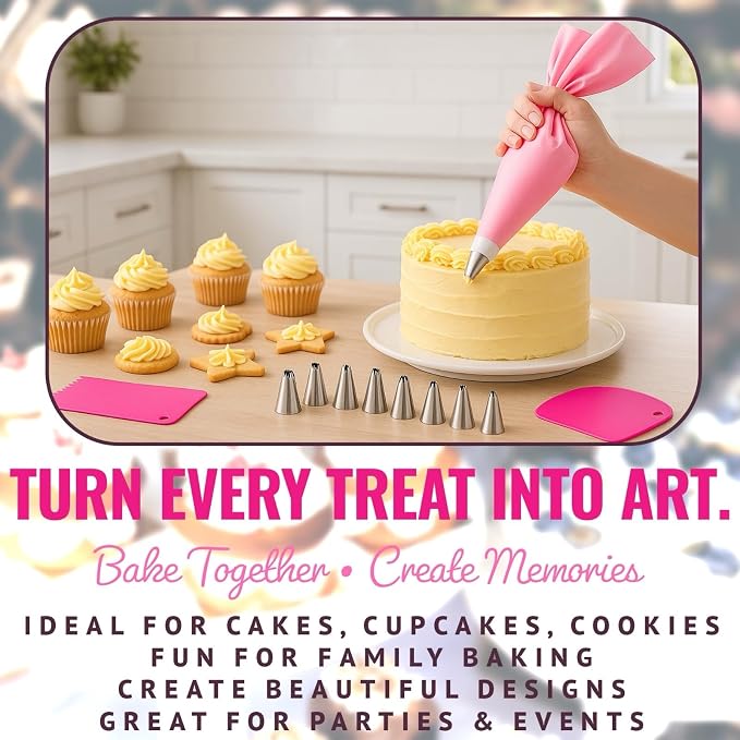 Piping Bags and Tips Set, 21 Piece Reusable Cake Decorating Kit with 14 Stainless Steel Nozzles, 2 Silicone Piping Bags, 2 Couplers and 3 Scrapers for Cupcaskes, Cookies & Icing