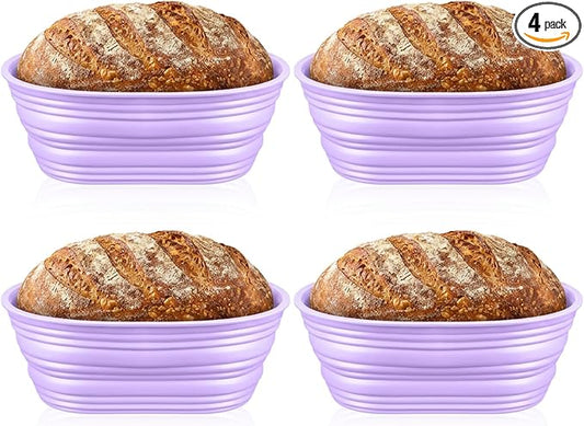 MAQUITA 4-Pack Oval Silicone Bread Proofing Basket, 10-Inch Sourdough Proofing Basket Set (Purple)