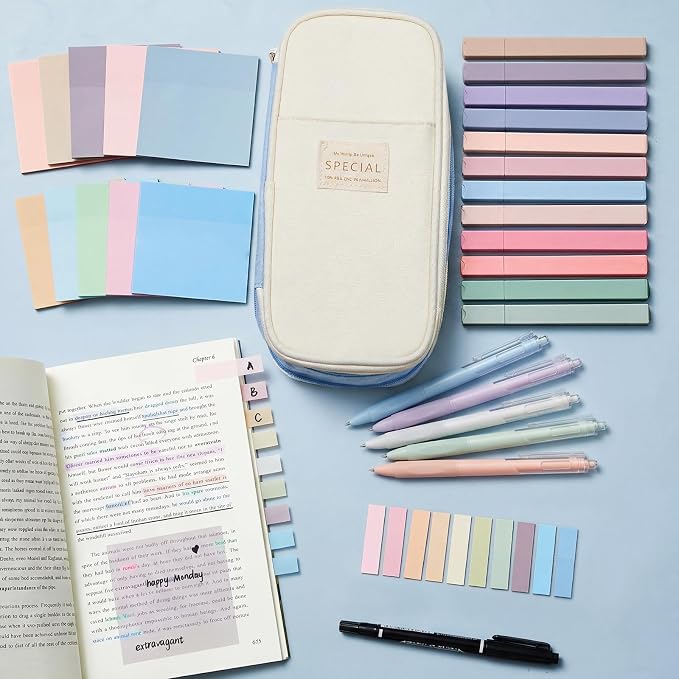 Jutom 39 Pcs Aesthetic Book Annotation Kit Highlighter with Case Bag Gel Pen Transparent Sticky Note Taking Bible Supplies(Light Blue,Cute Style)