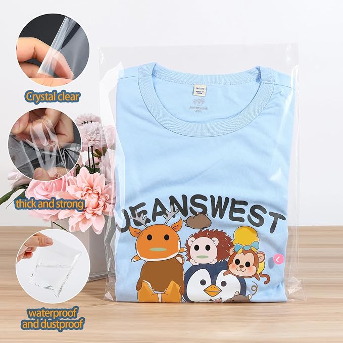 Nobranded 100 pcs Clear 12" x 16" Self Seal Cello Cellophane Bags Resealable Poly Plastic Bags 2.8 mils OPP Bag for Packaging Clothing, T Shirts, Party Decorative Gift