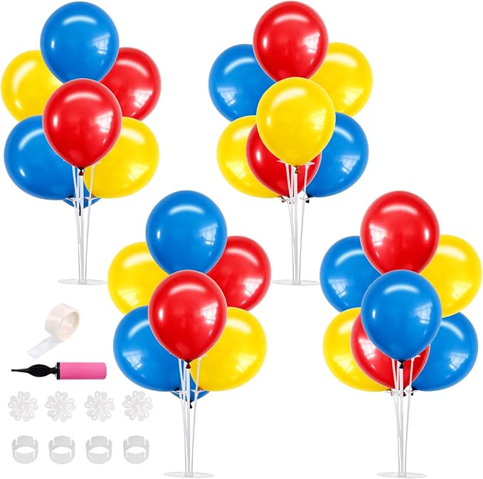 TONIFUL 4 Set Red Yellow Blue Balloon Centerpieces for Table,Balloon Stand Kit for Kid Party Decor,Birthday Decorations Anniversary Graduation Decorations 2026 Baby's Birthday