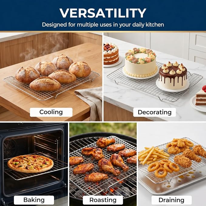 Cooling Rack Set of 5, Heavy Duty Stainless Steel Wire Rack for Baking, Fits Jelly Roll Cookie Sheet Pan, 10" x 16", Oven Safe to 575°F, Warp Resistant, Dishwasher Safe