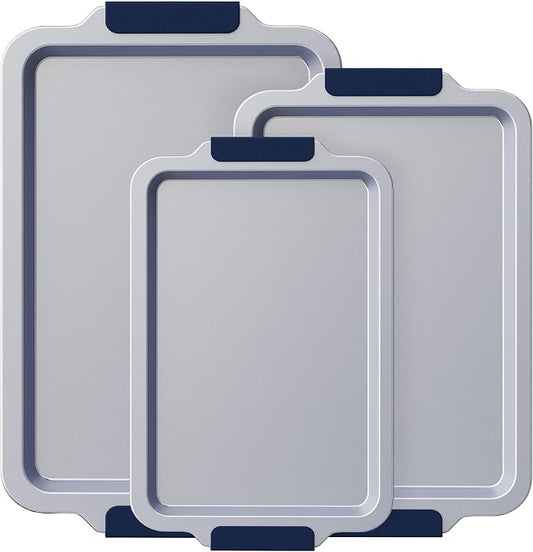 BRONYPRO Non Stick Ceramic Baking Sheet Pan Set of 3, Non Toxic Cookie Sheets (PFAS/PFOA/PTFE Free), Aluminized Steel Oven Trays with Silicone Handles, Rust-Resistant, Warp-Resistant to 500°F, Navy