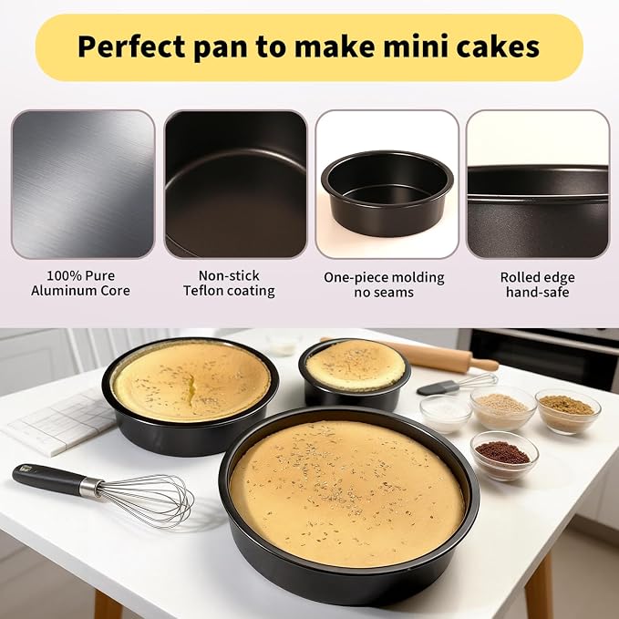 3-Piece Round Cake Pans Set (4", 6", 8"), Heavy-Duty Carbon Steel Baking Pan Set for Layer Cakes and Deep Dish Pizzas, Non-Stick Professional Tiered Cake Molds, Straight Side & Dishwasher Safe, Grey