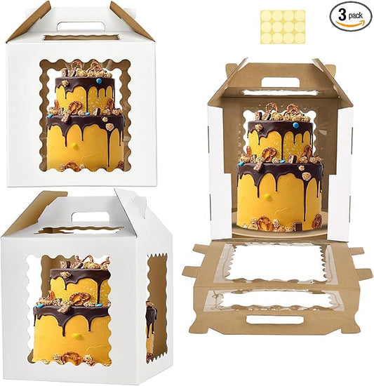 XININSUN Tall Cake Boxes with 6 windows,12x12x12inch Tall Cake Carrier for Tier Cake,12inch cake transport container,Bakery Take Out Containers for Wedding, Birthday, Party