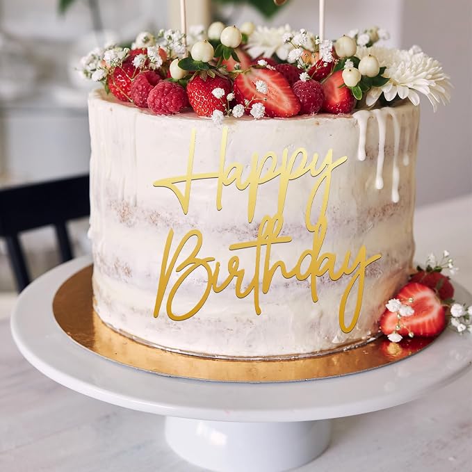 Ouligay 1PCS Gold Happy Birthday Cake Topper Gold Acrylic Happy Birthday Cake Sign Cupcake Topper Party Decorations Supplies for Anniversary, Bridal Shower, Party Desserts Pastries Supplies