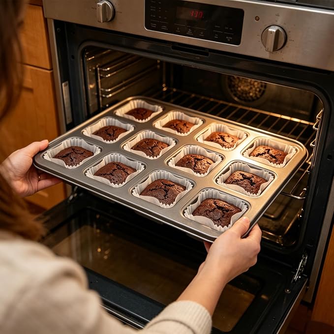 12 Cavity Brownie Pan with Dividers, Non Stick Square Carbon Steel Muffin Baking Bakeware with 300 PCS Parchment Liners, Dark Gray