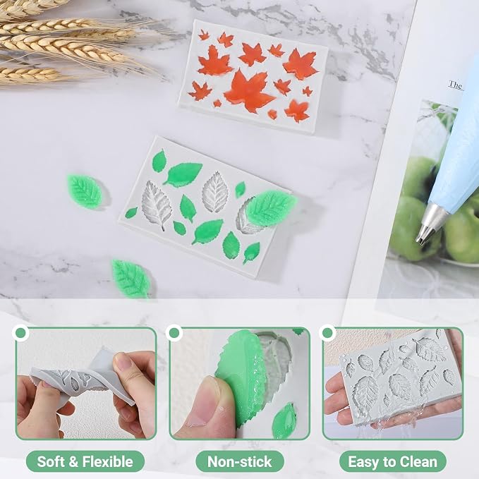 Beasea Silicone Molds Leaf Making, 4pcs Mini Fondant Leaf Shape Molds Silicone Nonstick for Cake Decoration Chocolate Candy Small Tiny Leaves Baking 2 Types 4pcs Moulds Sheet Mat