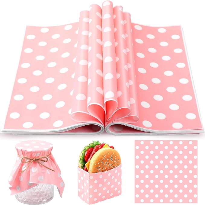 Gersoniel 150pcs Wax Paper Sheet for Food Dot Printed Bakery Tissue Greaseproof Disposable Wrapping Paper for Sandwich Food Picnic Baskets Liner Wedding Birthday Party Supplies(Pink,12x12'')