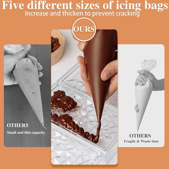Piping Bags, Icing Bags, Frosting Bags 500 Pcs - 5 Size Assortment (8,12,16,18,24 Inch) Disposable Pastry Bags for Cake Decorating, Baking and Cooking