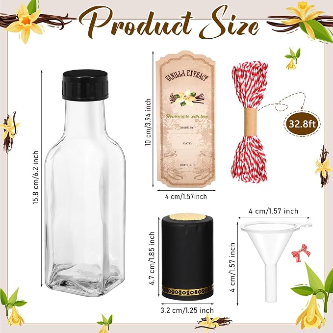 Tioncy 12 Pcs Vanilla Extract Bottles for Homemade Vanilla Jar Glass Square Bottle with Cap Shrink Band Sticker Syrup Food Storage Canister for Liquids Bean Sauce Spice Gift Giving (Black,5 oz)