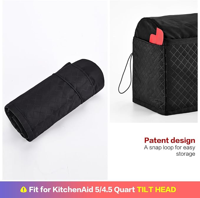 HOMEST Stand Quilted Mixer Cover with Zip Pocket for Kitchen Accessories | Fits KitchenAid 5/4.5 quart mixers, zipper pocket stores attachments and kitchen accessories, Black