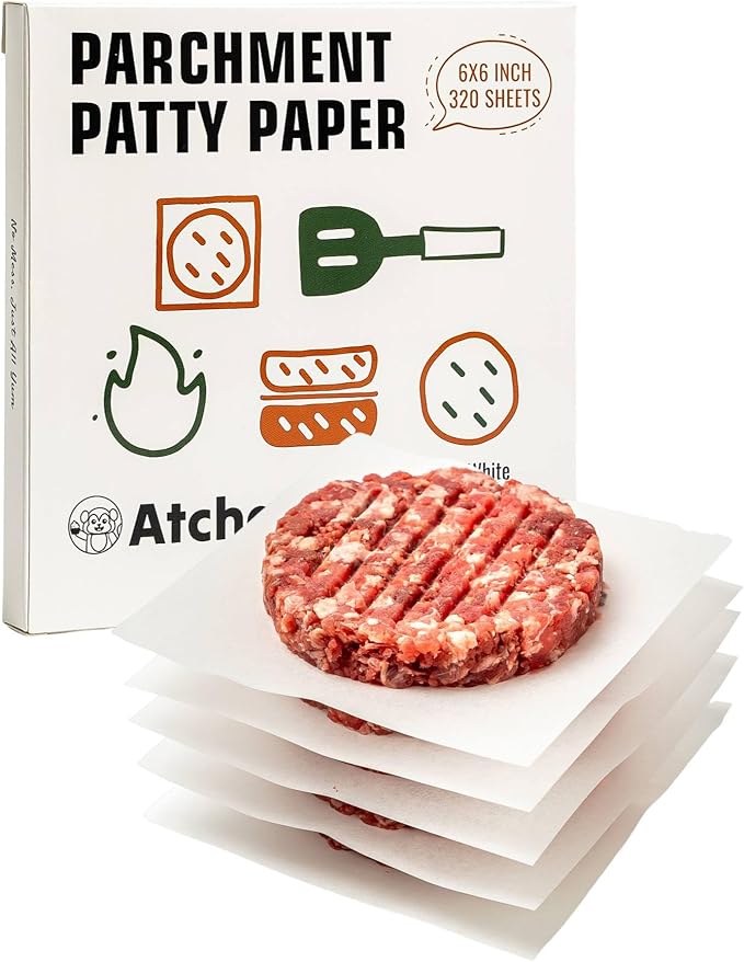 6x6 Inches Parchment Paper Squares, 320Pcs Non-Stick Hamburger Patty Paper, Unbleached 100% Wood Pulp Burger Paper for Separating Patty, Burgers, Naan, Tortillas, Freezer, Oven, Microwave