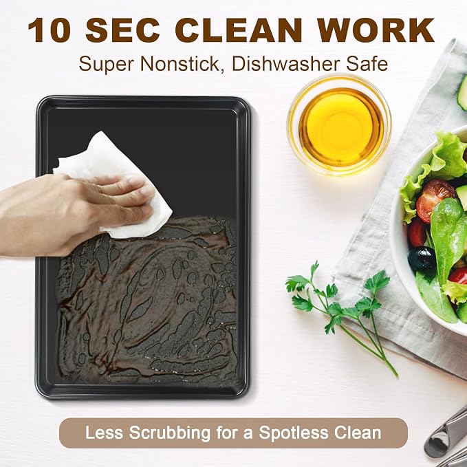 Baking Sheet Pan Set of 3, Nonstick Commercial Cookie Sheets for Baking | Half/Quarter/Jelly Roll Pans Replacement Toaster Oven Tray, Heavy Duty & Easy Clean, Dark Black