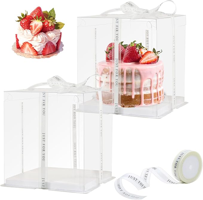 8Pcs Tall Cake Boxes Clear Box with Ribbon, 8x8x9 inch, for 6" cajas para pasteles Tiered Cakes,Transport Gift Boxes for Wedding Valentine'Day and Gift Display. (Clear, 8 * 8 * 9 inch/8pcs)