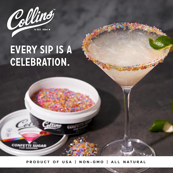 Collins Confetti Sugar, All-Natural Cocktail Rimming Sugar Made with Plant-Based Colors, Non-GMO Drink Garnish for Cocktails and Mocktails, Add Festive Flair to Your Drink Presentation, 4 oz