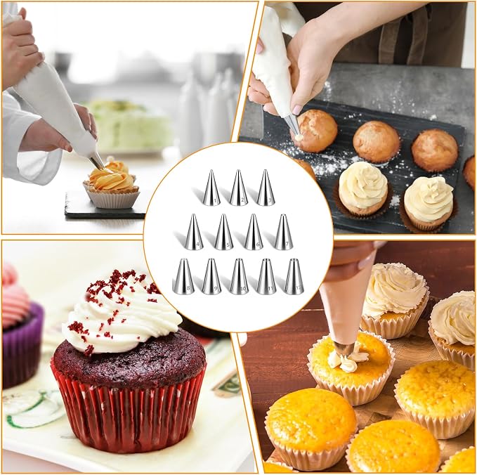 12 Pcs Frosting Tips Round Piping Tips Set, Stainless Steel Icing Tip for Decorating Cupcake Nozzles Small Cake Piping Tip Cake Writing Icing Pastry Dispensers Supplies for Baking Cookies Puff Cream