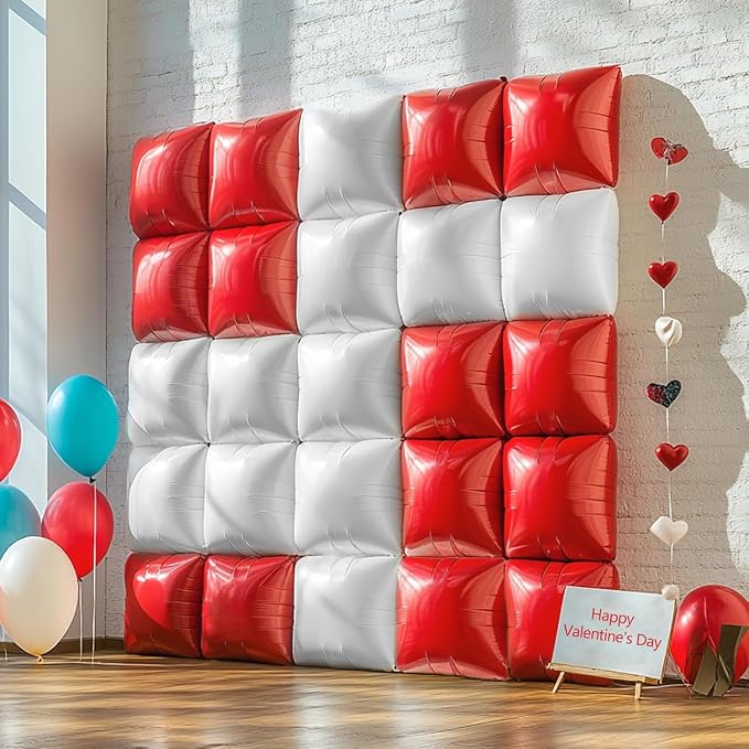 NISOCY 25PCS Red White Square Foil Balloons Wall Double Backdrop Sided Red Pearl White Balloon Tunnel Arch Kit for Christmas Birthday Valentine's Day Baby Shower Wedding Party Decorations
