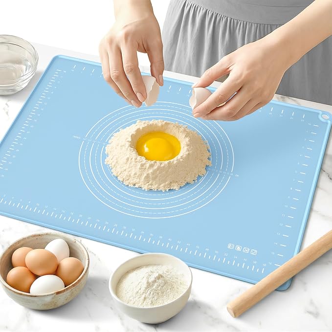 Silicone Baking Mat 24x16 Inches | Extra Thick Dough Rolling Mat with Measurements and Edge Heightening | Non-Stick Food Grade Pastry Mat for Pastry, Bread, Cookies, Pizza, Fondant & Pasta