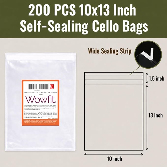Wowfit 200 Count 10x13 Inch Clear Cellophane Plastic Bags, Resealable Self-Sealing Cello Bags Great for Clothes, Shirts, Pants, Foods, Flyers, More (10 x 13 with Reinforced Sides)
