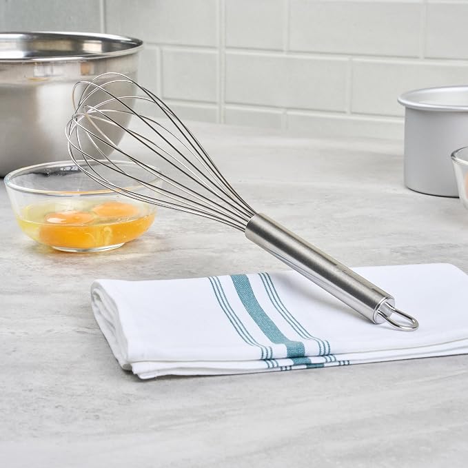 Restaurantware 12 in Stainless Steel Wire Whisk - German Standard Kitchen Balloon Whisk with Ergonomic Handle, Dishwasher Safe - Durable French Whisk for Cooking, Mixing Thick Batter and Sauce
