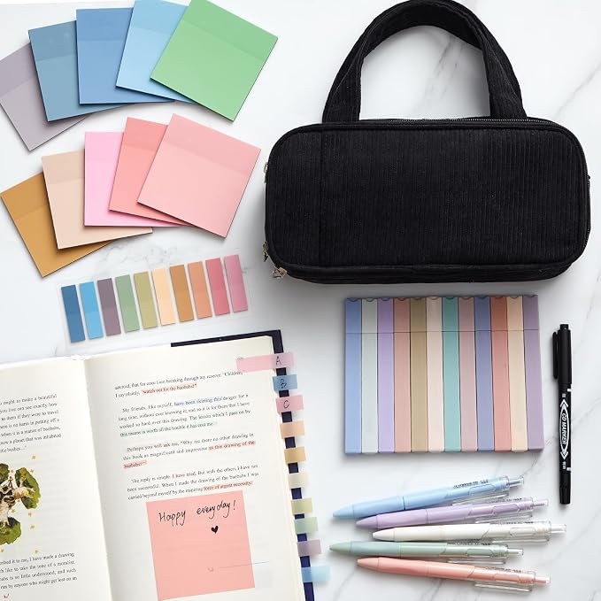 Jutom 39 Pcs Aesthetic Book Annotation Kit Highlighter with Case Bag Gel Pen Transparent Sticky Note Taking Bible Supplies(Black,Classic Style)