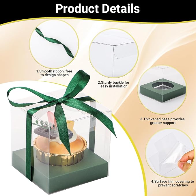 EUSOAR Individual Cupcake Boxes, 3.5 Inch 100 Pcs Dessert Pastry Cupcake Containers with Inserts and Ribbon, Clear Muffins Gift Holder Disposable Cake Carriers for Wedding Party Favor Bakery