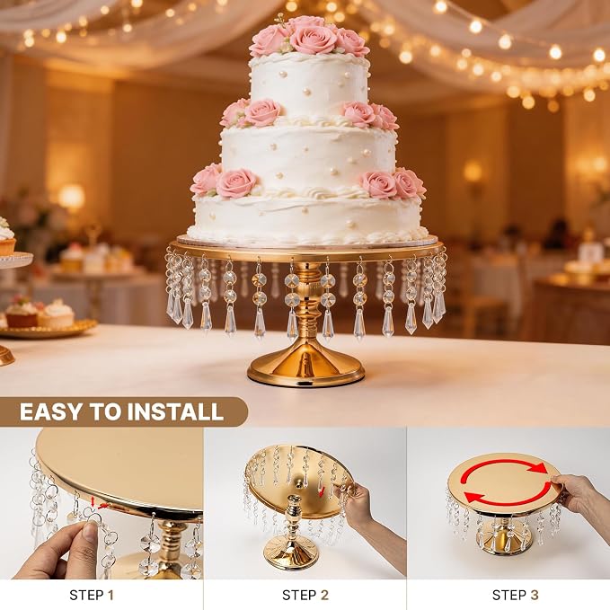 3 PCS Gold Cake Stand Set with Crystal Pendants - Dessert Table Display Set, Dazzling Metal Cake Holder Stand for Wedding, Party, Birthday, Baby Shower, Event Bridal Celebration
