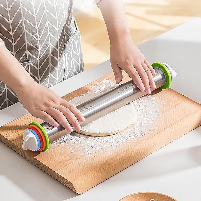 17" Adjustable Rolling Pin with 4 Sets Thickness Rings, Stainless Steel Dough Roller Pin for Pizzas, Pies, Biscuits, Dumplings, Pasta - Easy to Clean