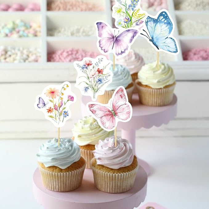 40 Pcs Wildflower & Butterflies Cupcake Toppers - 8 Styles, 5 Pcs Each - Non-Edible Cake Toppers for Wedding, Birthday, Party Decorations