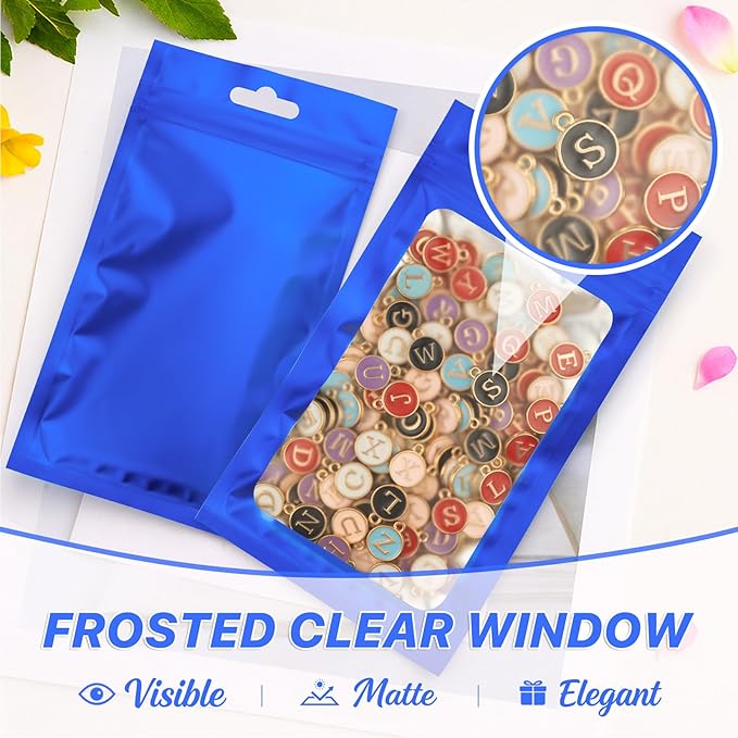100 Pack Smell Proof Bags, Resealable Packaging Bags Mylar Bag with Frosted Clear Window, Sealed Pouches Foil Pouch Smell Proof Zipper Pouches for Food Storage (Blue, 4.13 x 5.91)