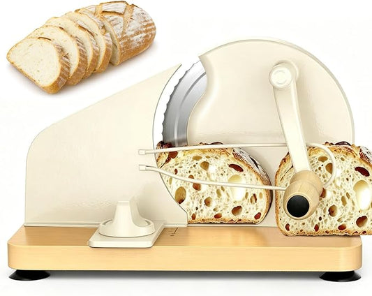 Manual Bread Slicer for Homemade Sourdough with Adjustable Thickness Stainless Steel Blade Scale Line & Suction Cup & Metal Guide Solid Wood Base Hand Crank Bread Slicer